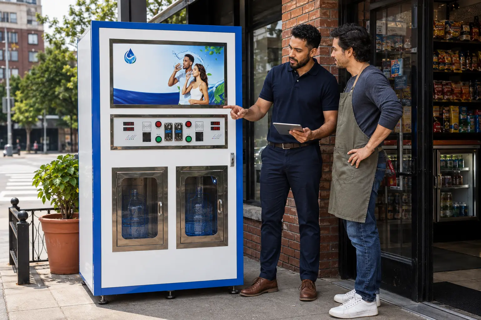 A water system specialist reviewing a commercial refill station installation with a New York business owner