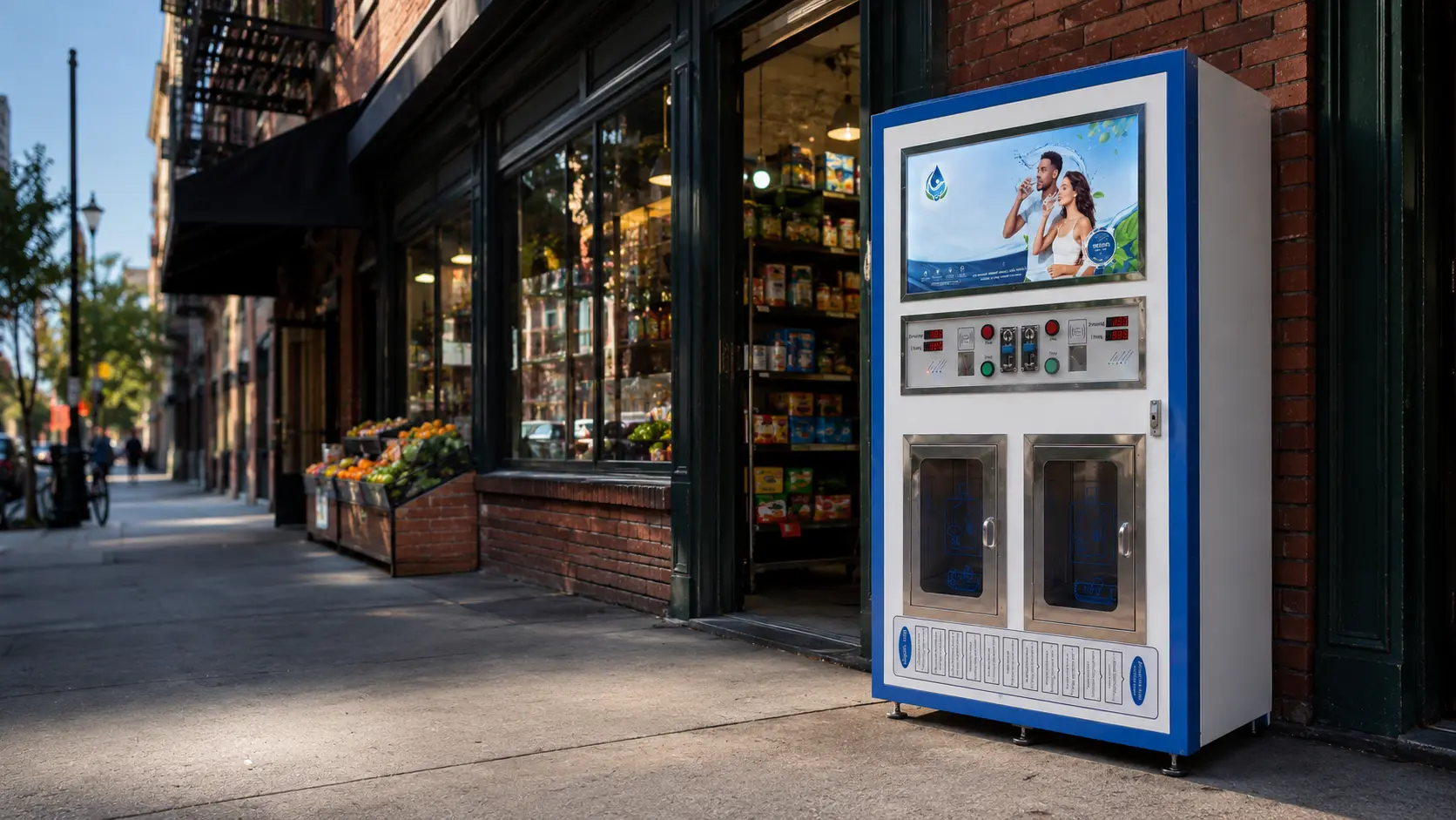 Self service purified water refill machine standing outside a New York City neighborhood store