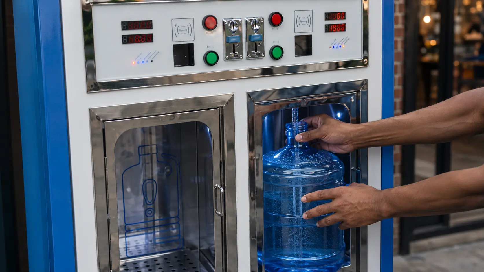 Close view of the payment panel and fill bay of a commercial self service water refill machine